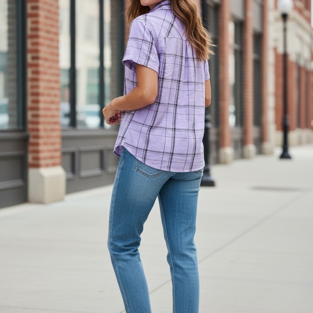 Eddie Bauer Lavender Plaid Button-Front Shirt - Picture 3 of 11